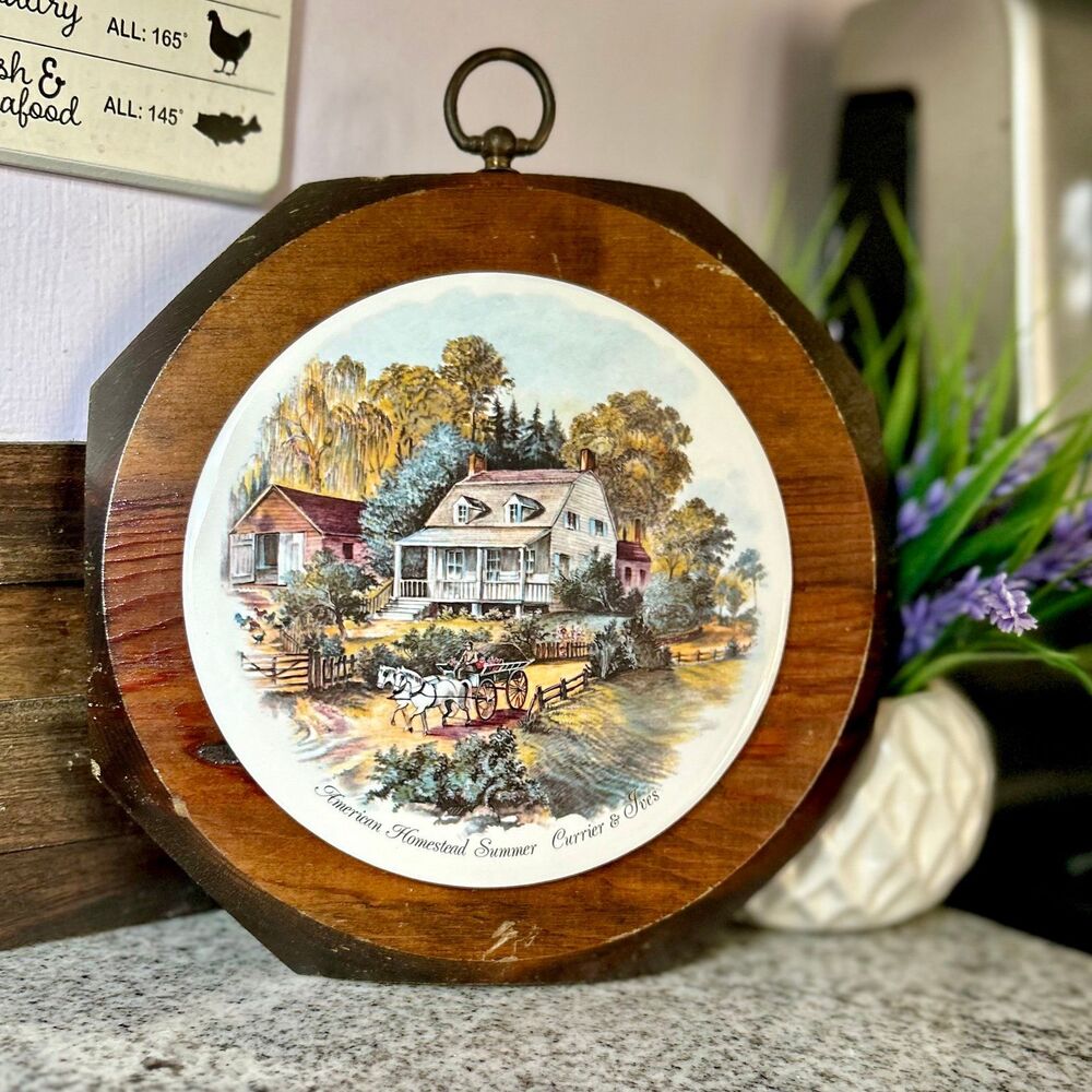 VTG American Homestead Summer Horse Ceramic on Wood Plaque By Currier & Ives